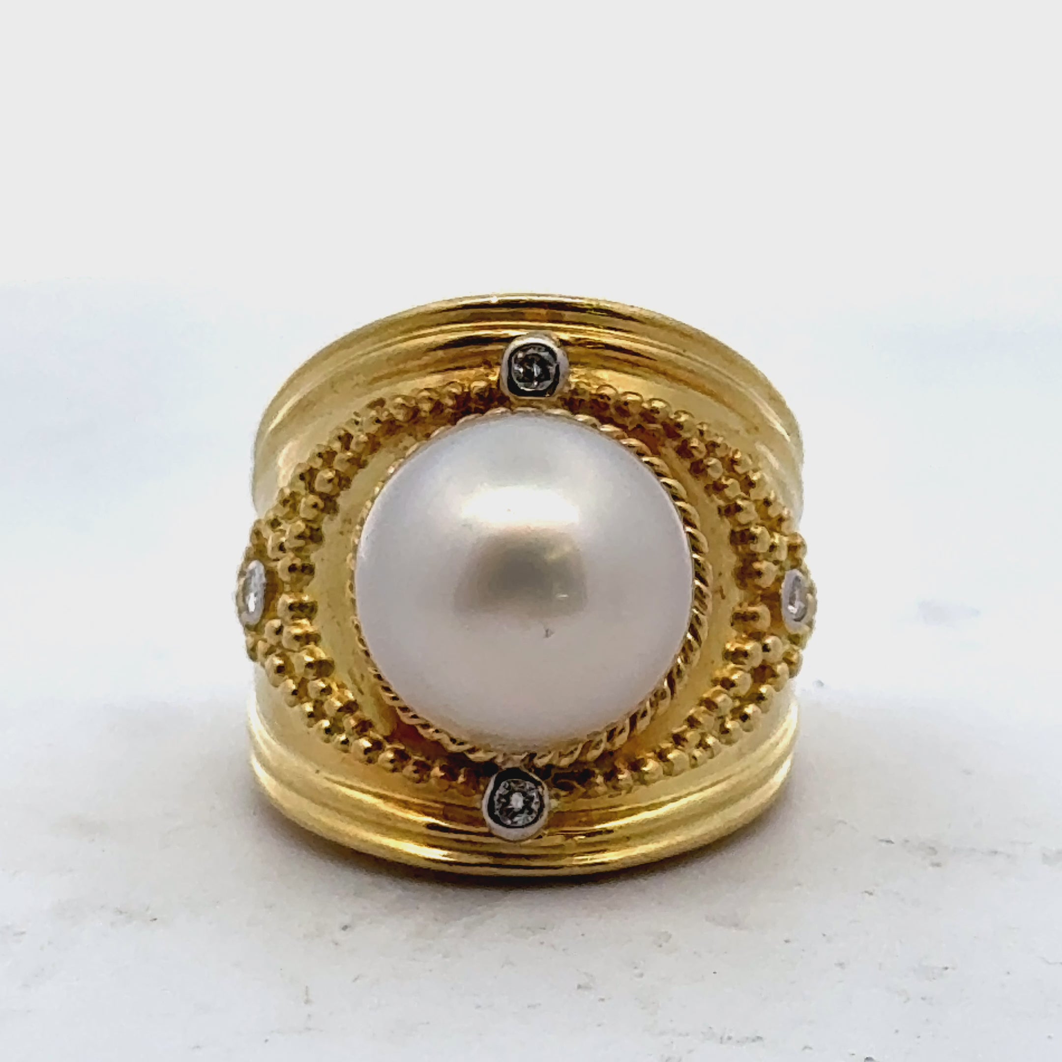 South Sea Pearl Diamond 18 Karat Yellow Gold Etruscan Style Cocktail Ring