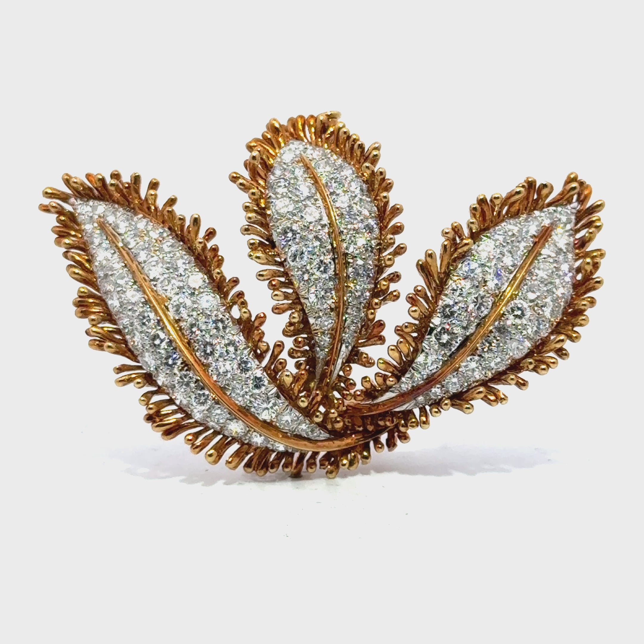 David Webb Diamond 18 Karat Yellow Gold Platinum Vintage Leaf Brooch