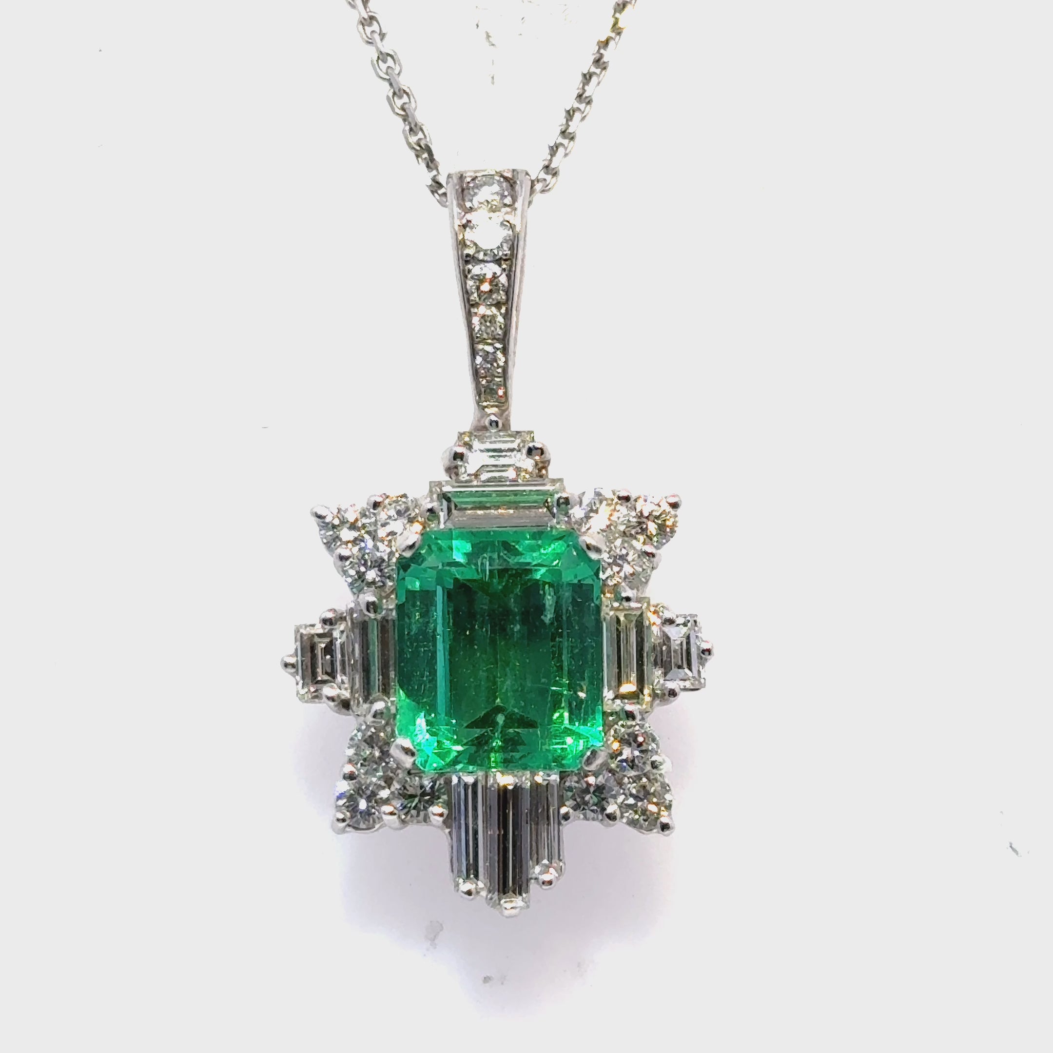 6.44 Carat Colombian Emerald Diamond 18 Karat White Gold Pendant Necklace