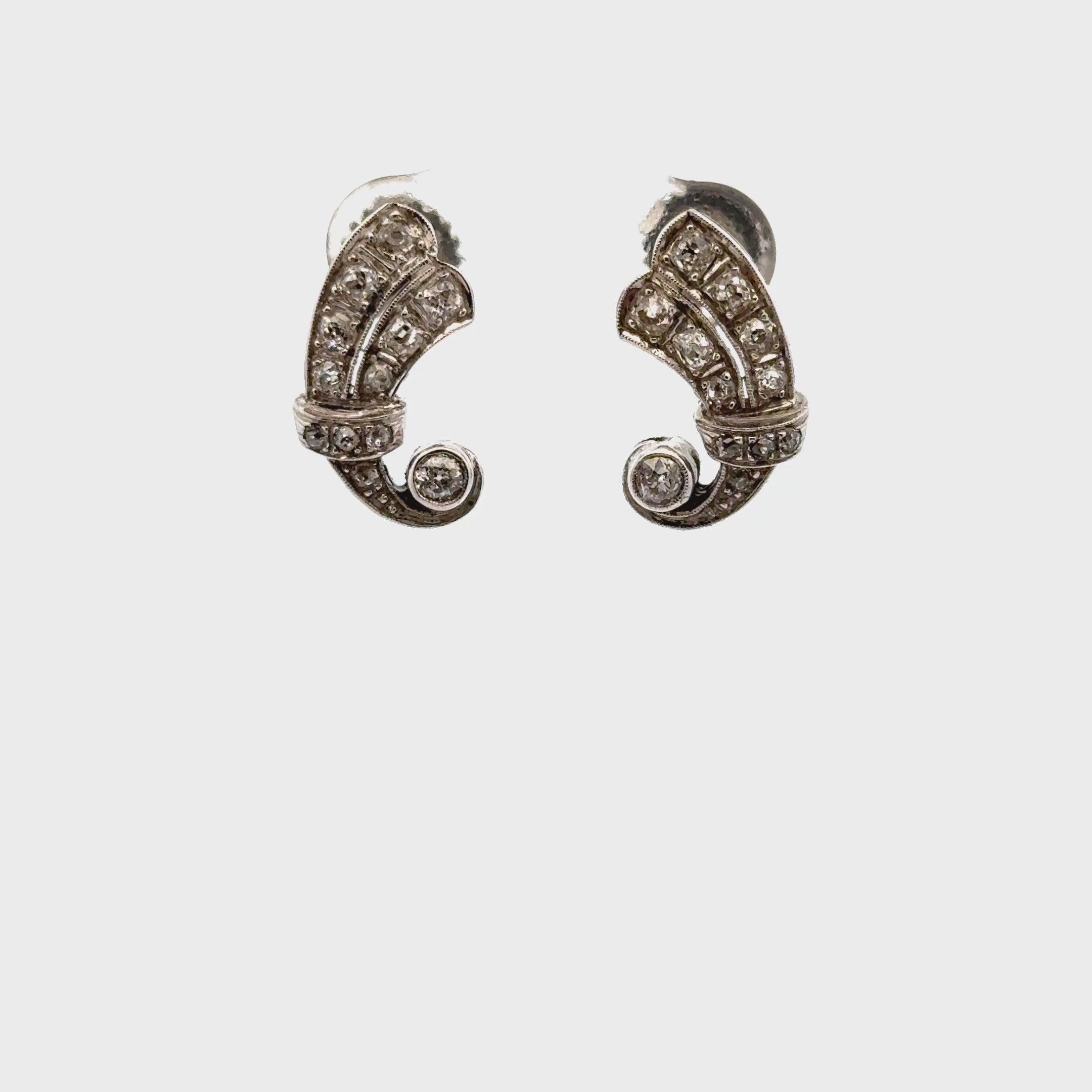 Old Mine Cut Diamond 14 Karat White Gold Swirl Drop Antique Earrings