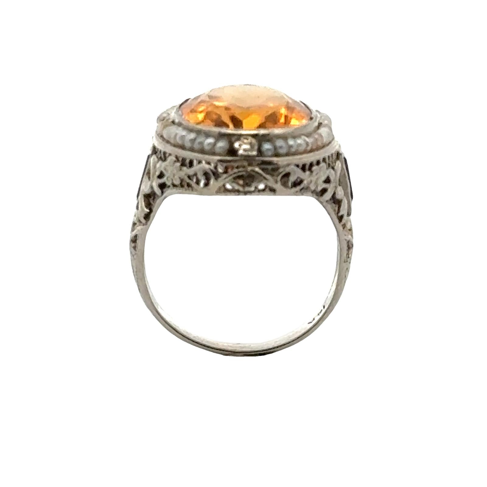 1940's Citrine Seed Pearl & Amethyst 14 Karat White Gold Filigree Vintage Ring