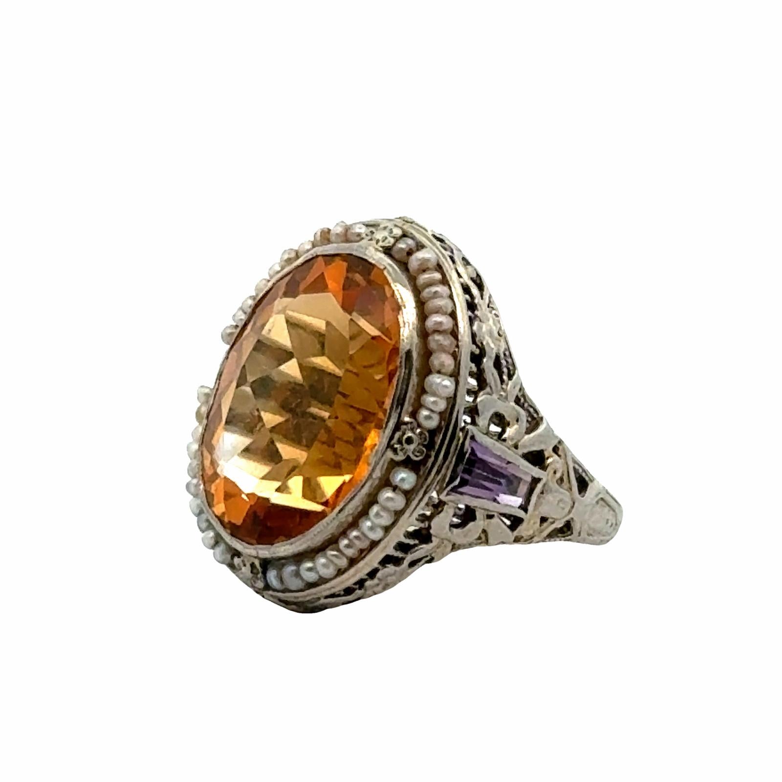 1940's Citrine Seed Pearl & Amethyst 14 Karat White Gold Filigree Vintage Ring