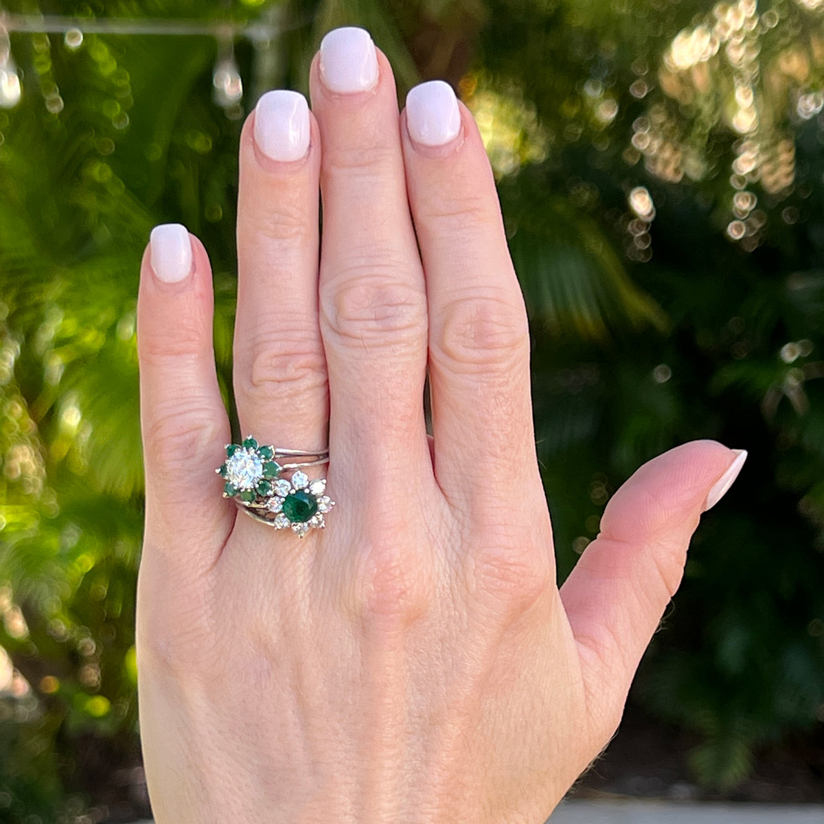1950 s Diamond Emerald 18K White Gold Bypass Estate Ring