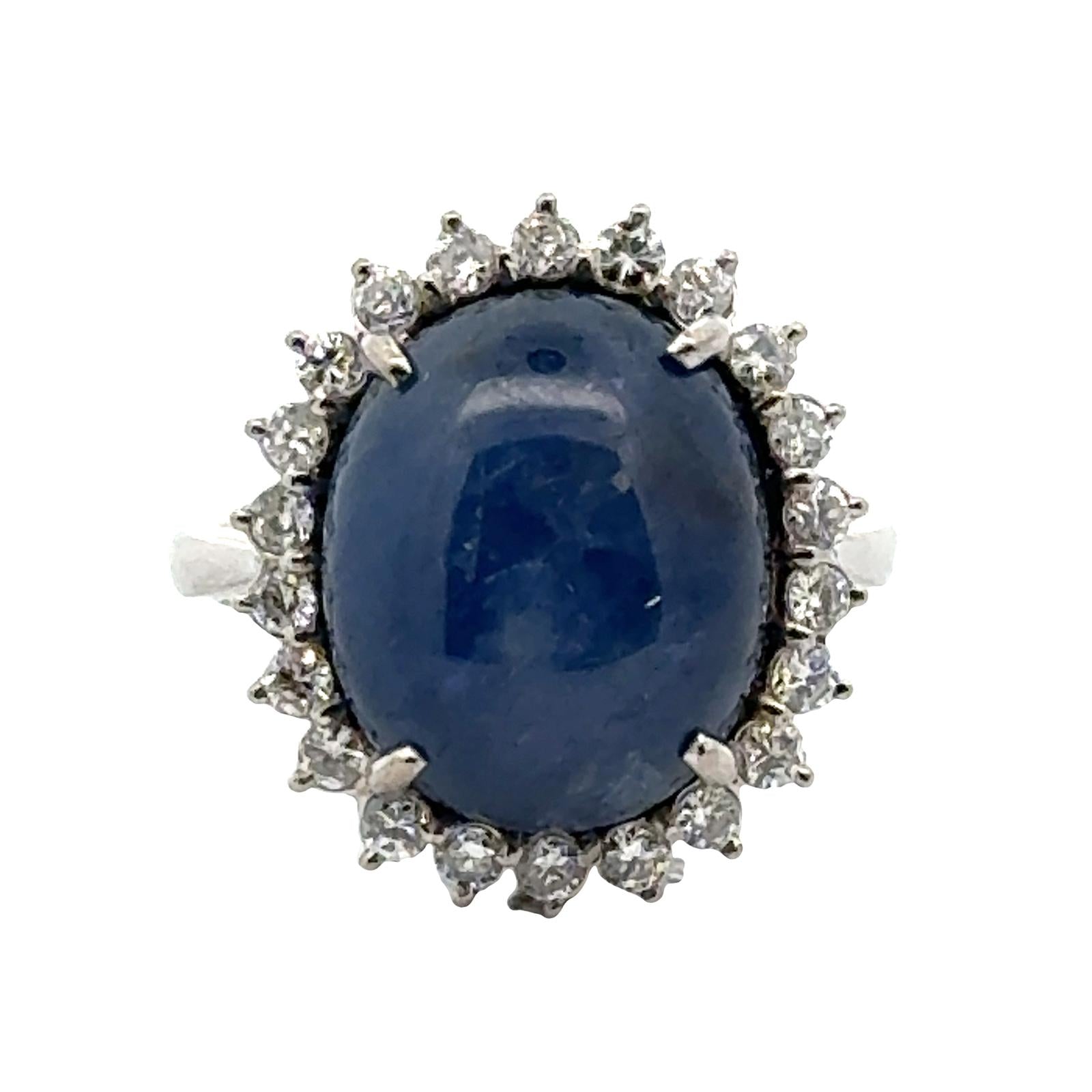 20 Carat Blue Cabochon Sapphire Diamond 18 Karat White Gold Ring