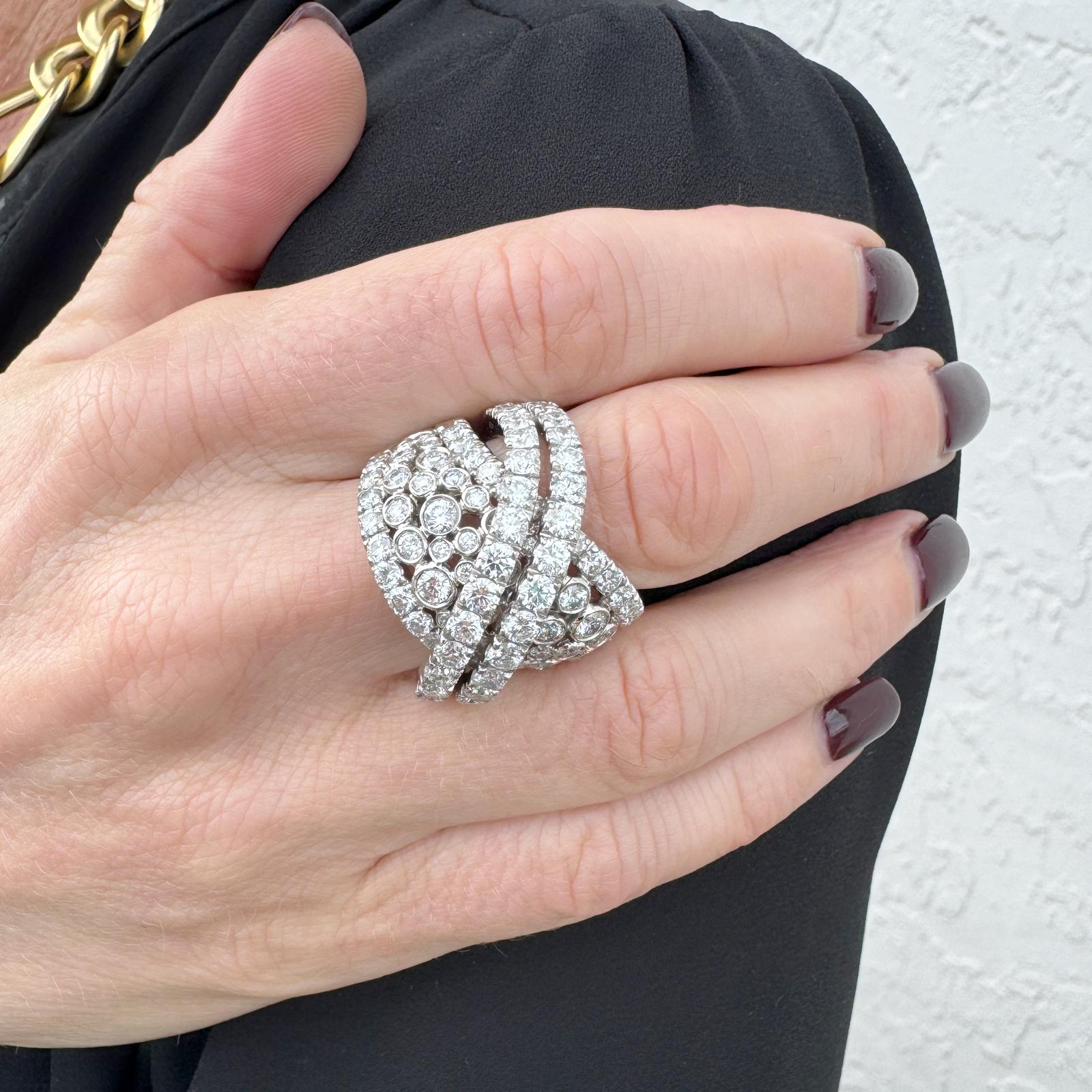 7 CTW Round Brilliant Cut Diamond Crossover 18 Karat White Gold Wide Band Ring