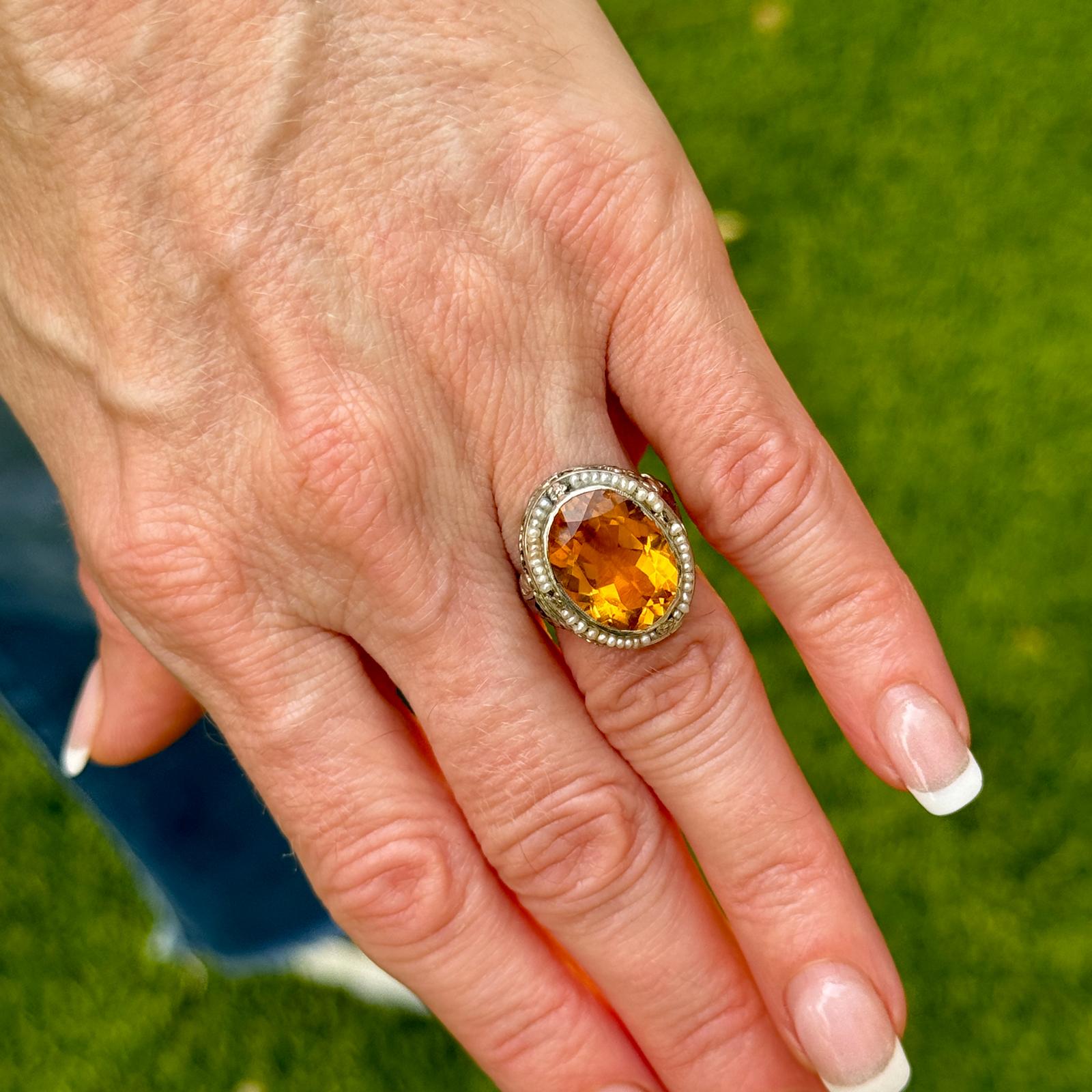 1940's Citrine Seed Pearl & Amethyst 14 Karat White Gold Filigree Vintage Ring