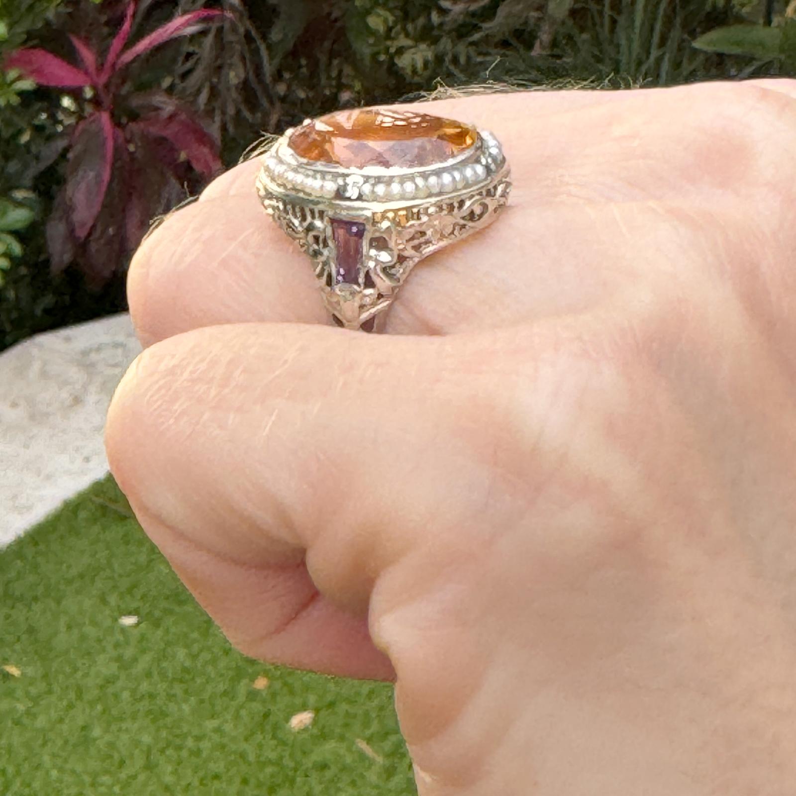 1940's Citrine Seed Pearl & Amethyst 14 Karat White Gold Filigree Vintage Ring