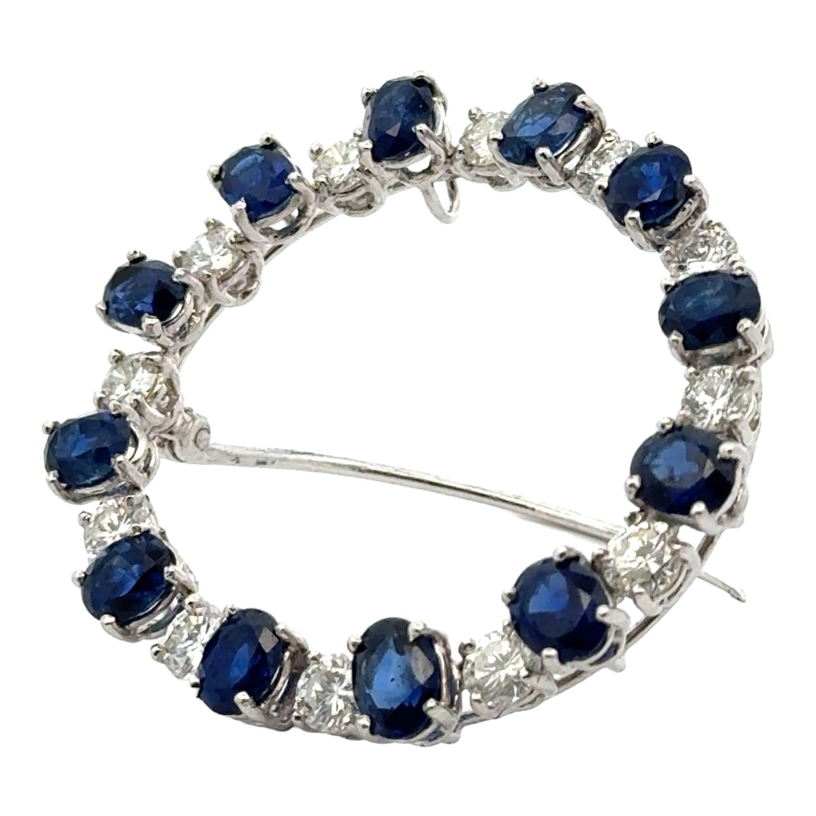 1960's Diamond & Blue Sapphire Platinum Circle Pin Brooch