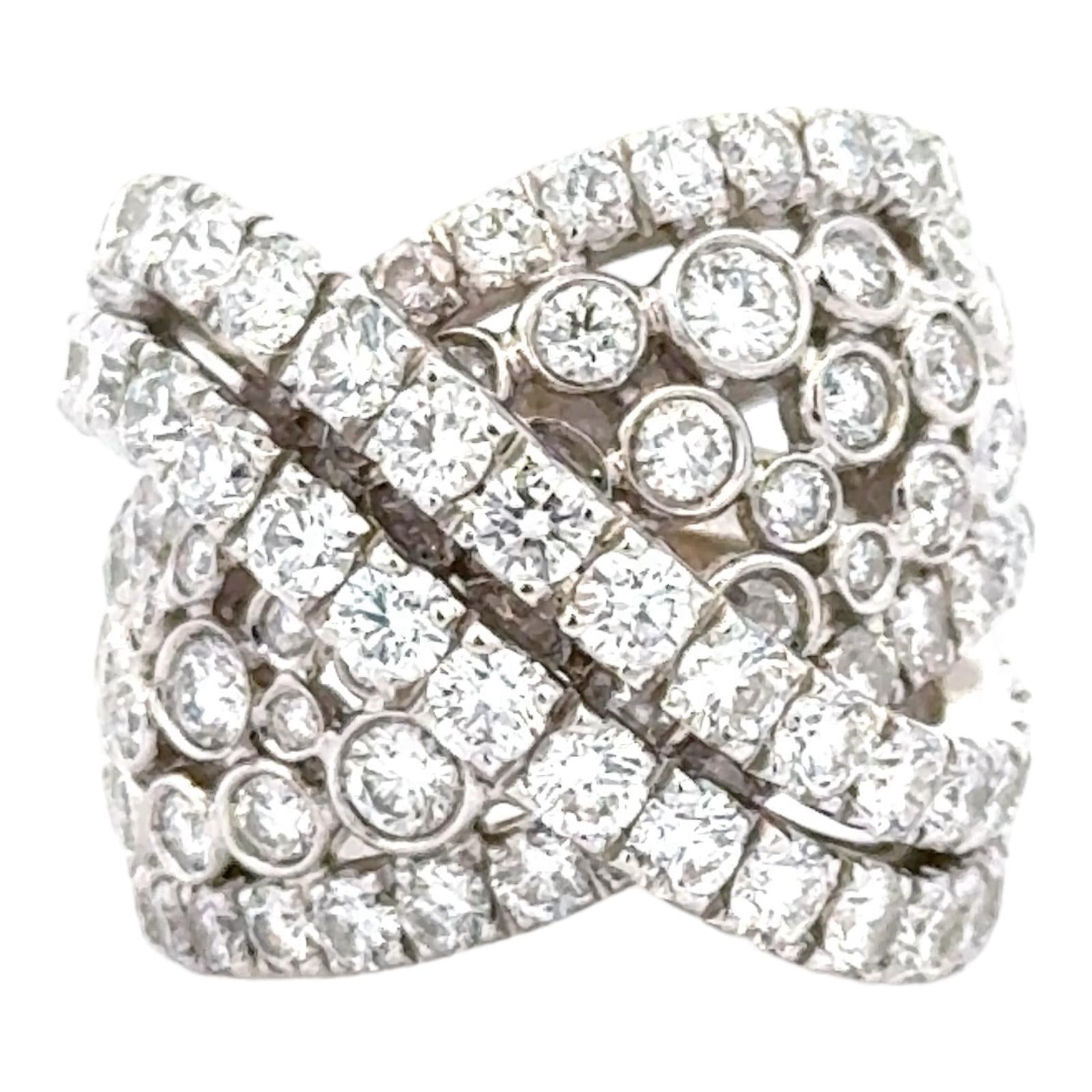 7 CTW Round Brilliant Cut Diamond Crossover 18 Karat White Gold Wide Band Ring