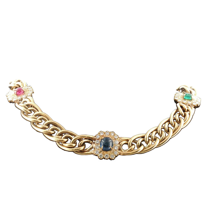 Diamond Cabochon Emerald Ruby Sapphire 18K Yellow Gold Vintage Chocker Necklace