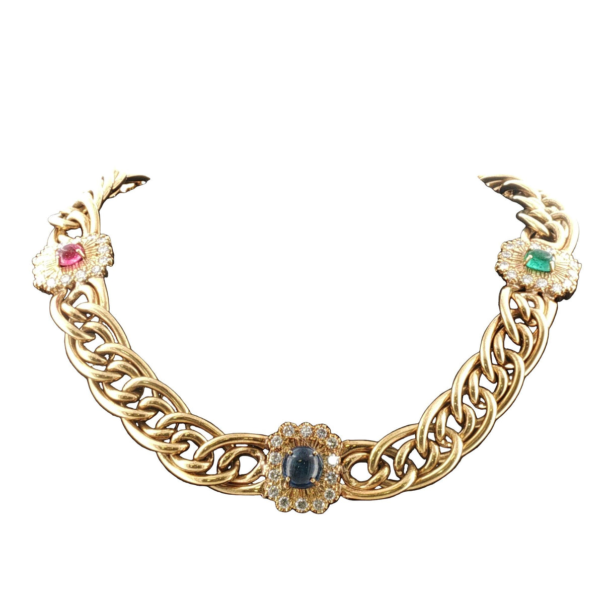 Diamond Cabochon Emerald Ruby Sapphire 18K Yellow Gold Vintage Chocker Necklace