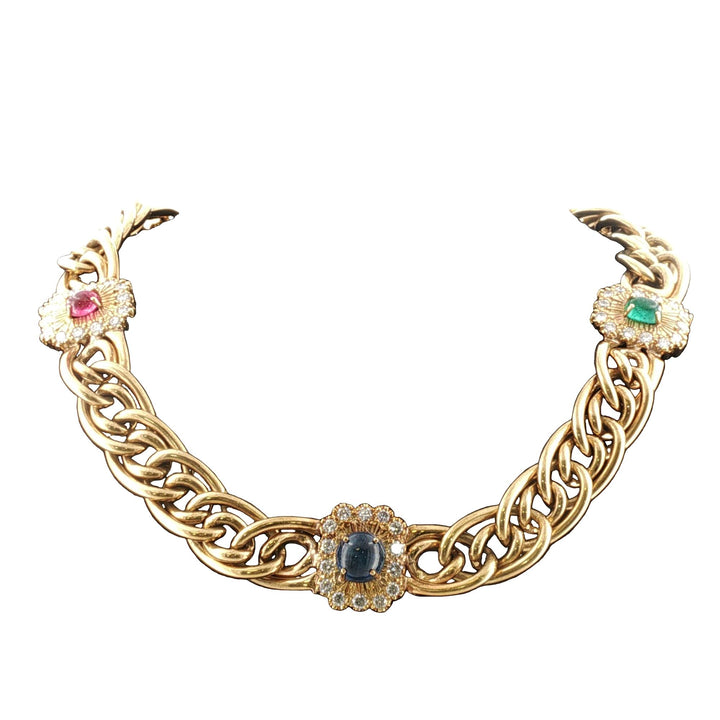 Diamond Cabochon Emerald Ruby Sapphire 18K Yellow Gold Vintage Chocker Necklace
