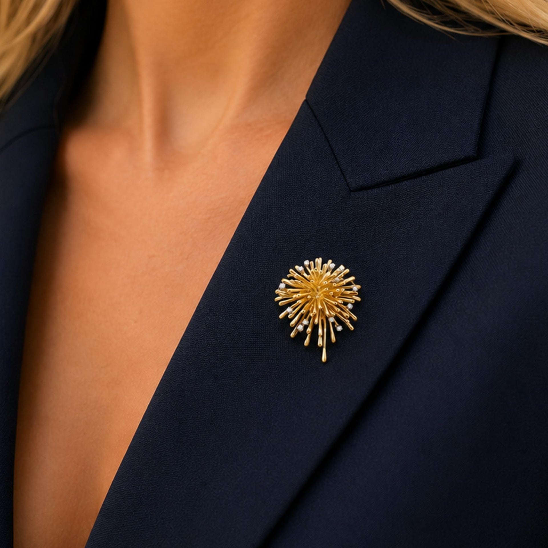 1960's French 18 Karat Yellow Gold Diamond Vintage Spray Pin Brooch