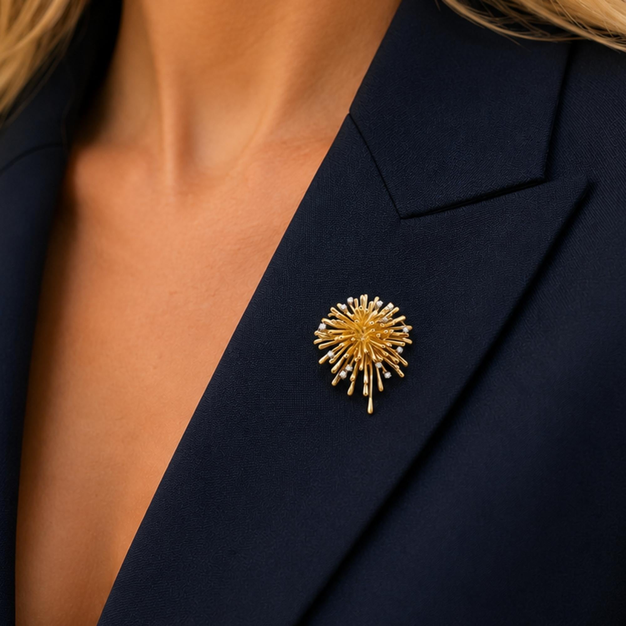 1960's French 18 Karat Yellow Gold Diamond Vintage Spray Pin Brooch