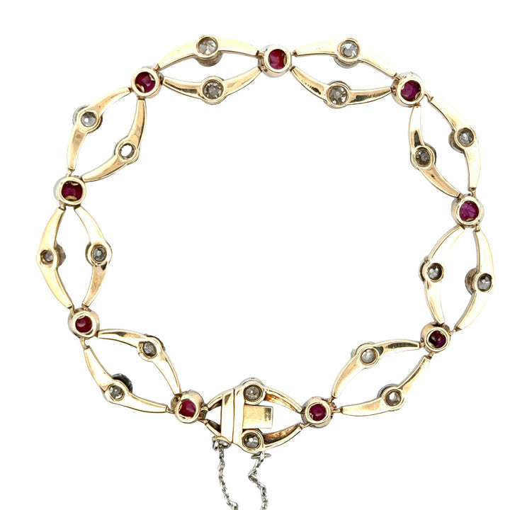 Art Deco Old Mine Cut Diamond Cabochon Ruby Platinum Yellow Gold Link Bracelet