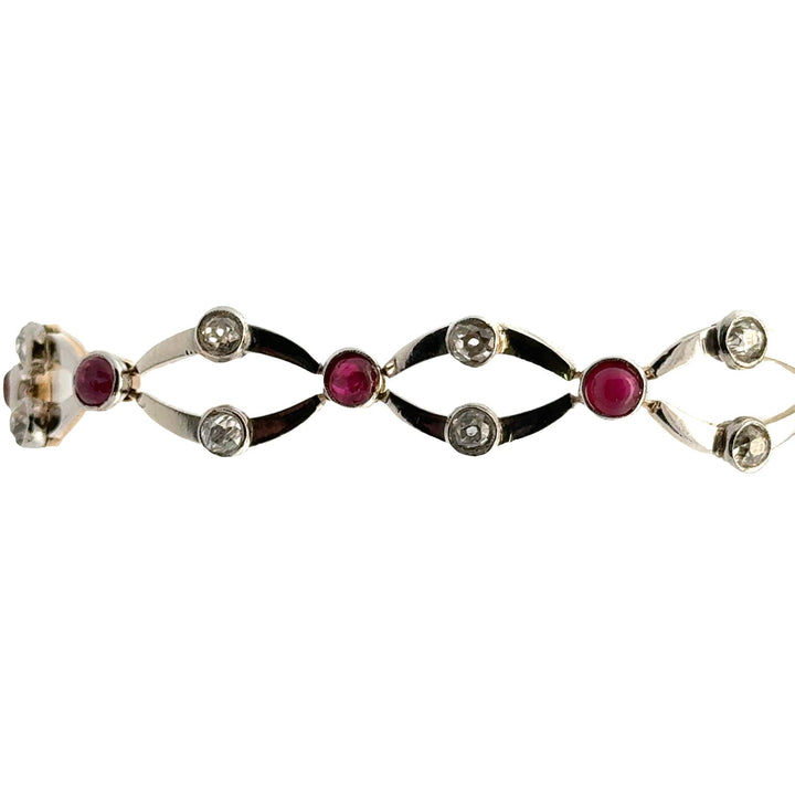 Art Deco Old Mine Cut Diamond Cabochon Ruby Platinum Yellow Gold Link Bracelet