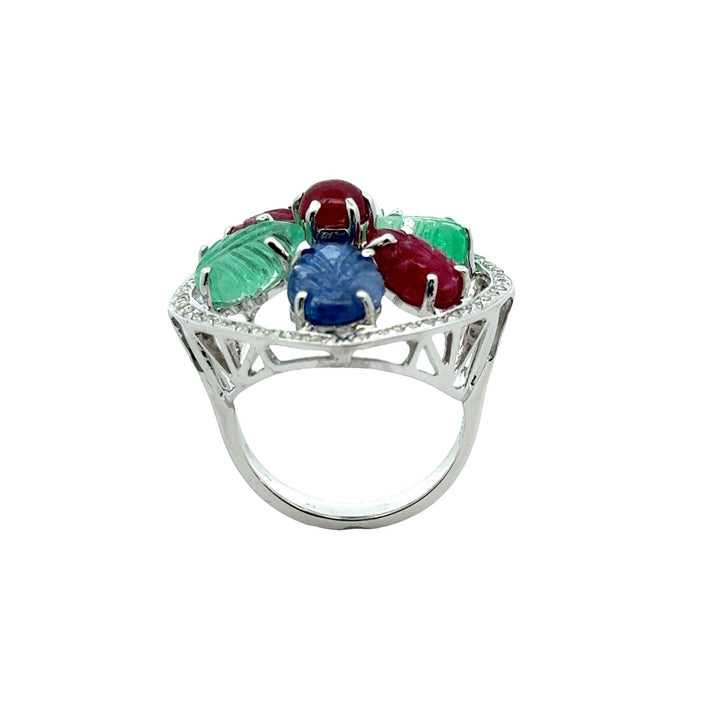 1960's Tutti Frutti Carved Emerald Sapphire Ruby Diamond 18KWG Cocktail Ring