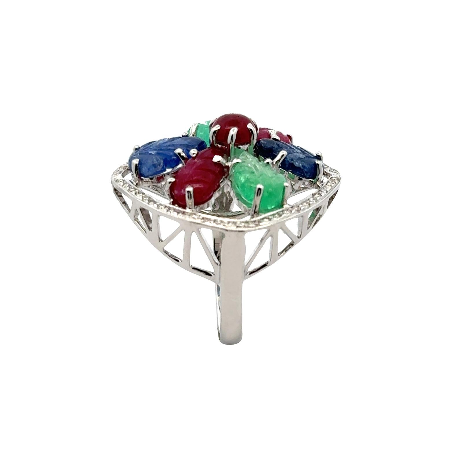 1960's Tutti Frutti Carved Emerald Sapphire Ruby Diamond 18KWG Cocktail Ring