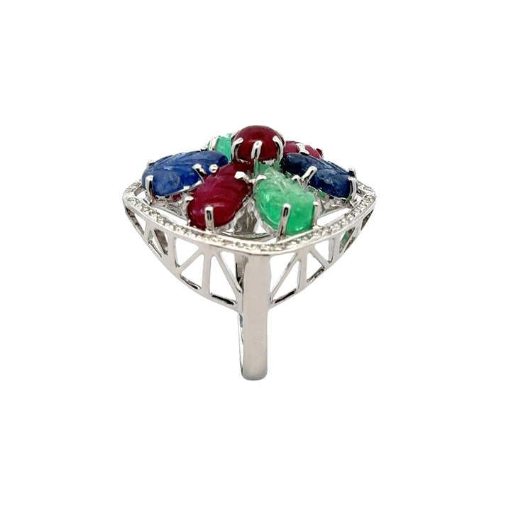 1960's Tutti Frutti Carved Emerald Sapphire Ruby Diamond 18KWG Cocktail Ring
