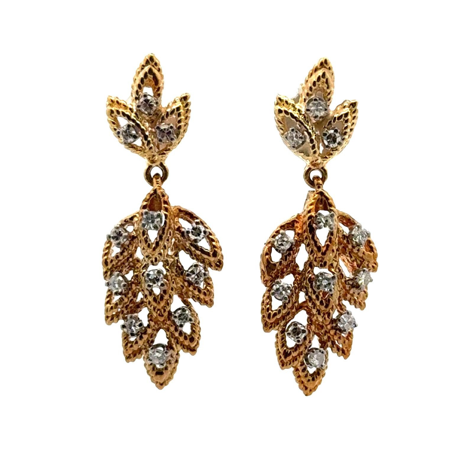 Diamond Textured Leaf 14 Karat Yellow Gold Dangle Earrings