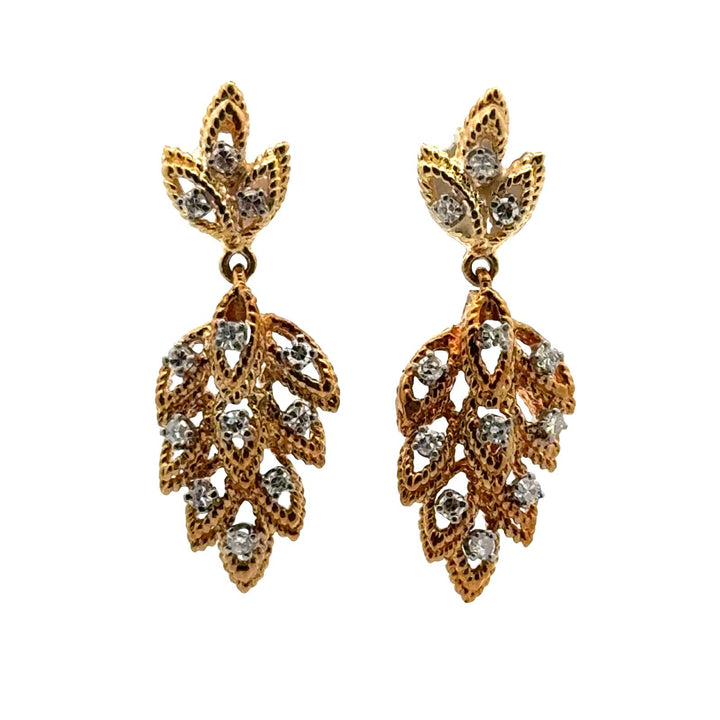 Diamond Textured Leaf 14 Karat Yellow Gold Dangle Earrings