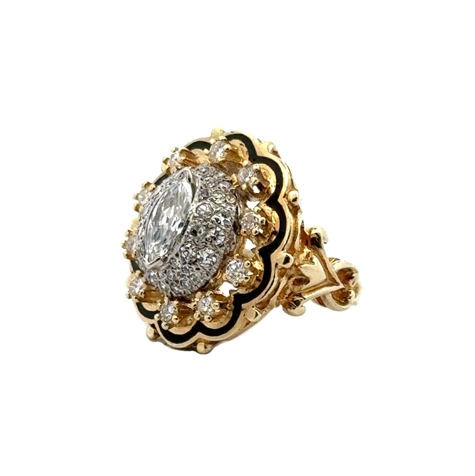 1950 s Diamond Black Enamel 14 Karat Yellow Gold Vintage Cocktail Ring Bardys Estate Jewelry