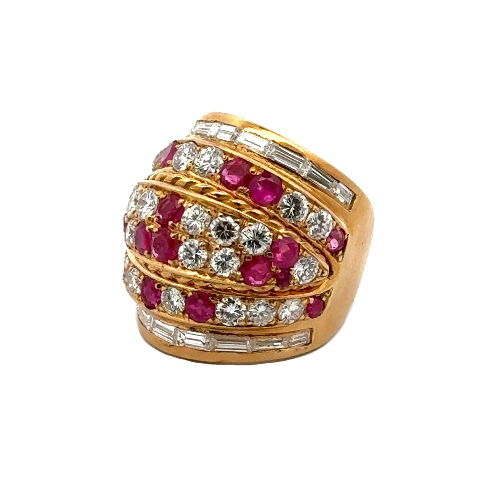 Diamond Ruby Six Row 18 Karat Yellow Gold Wide Band Ring