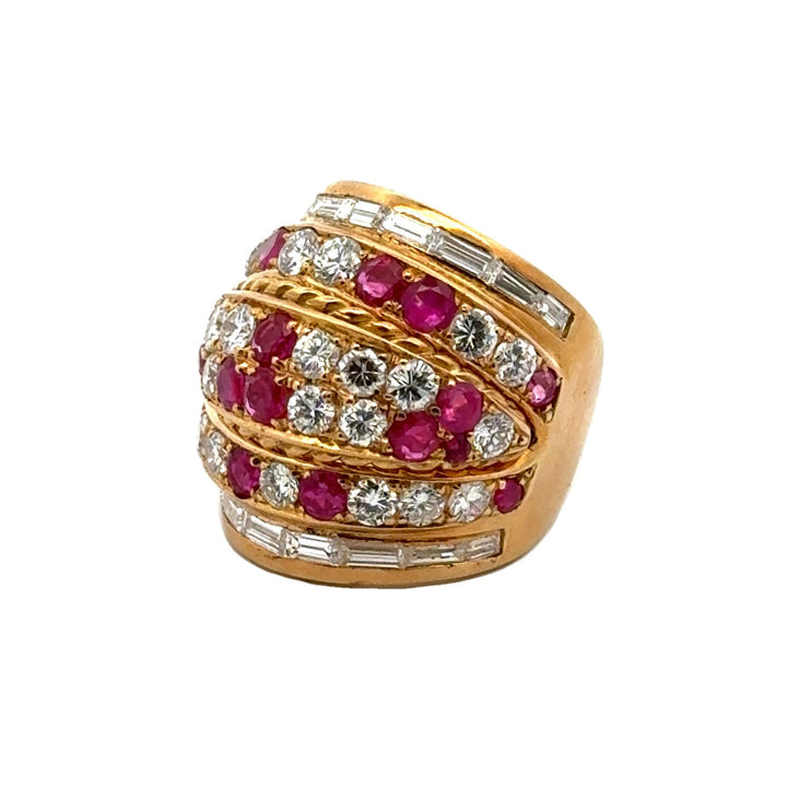 Diamond Ruby Six Row 18 Karat Yellow Gold Wide Band Ring