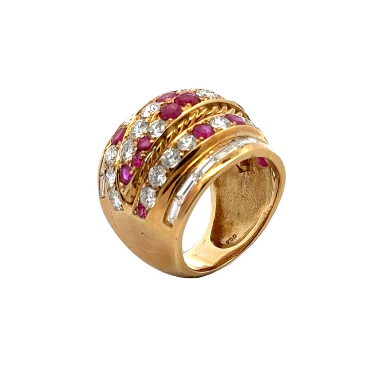 Diamond Ruby Six Row 18 Karat Yellow Gold Wide Band Ring