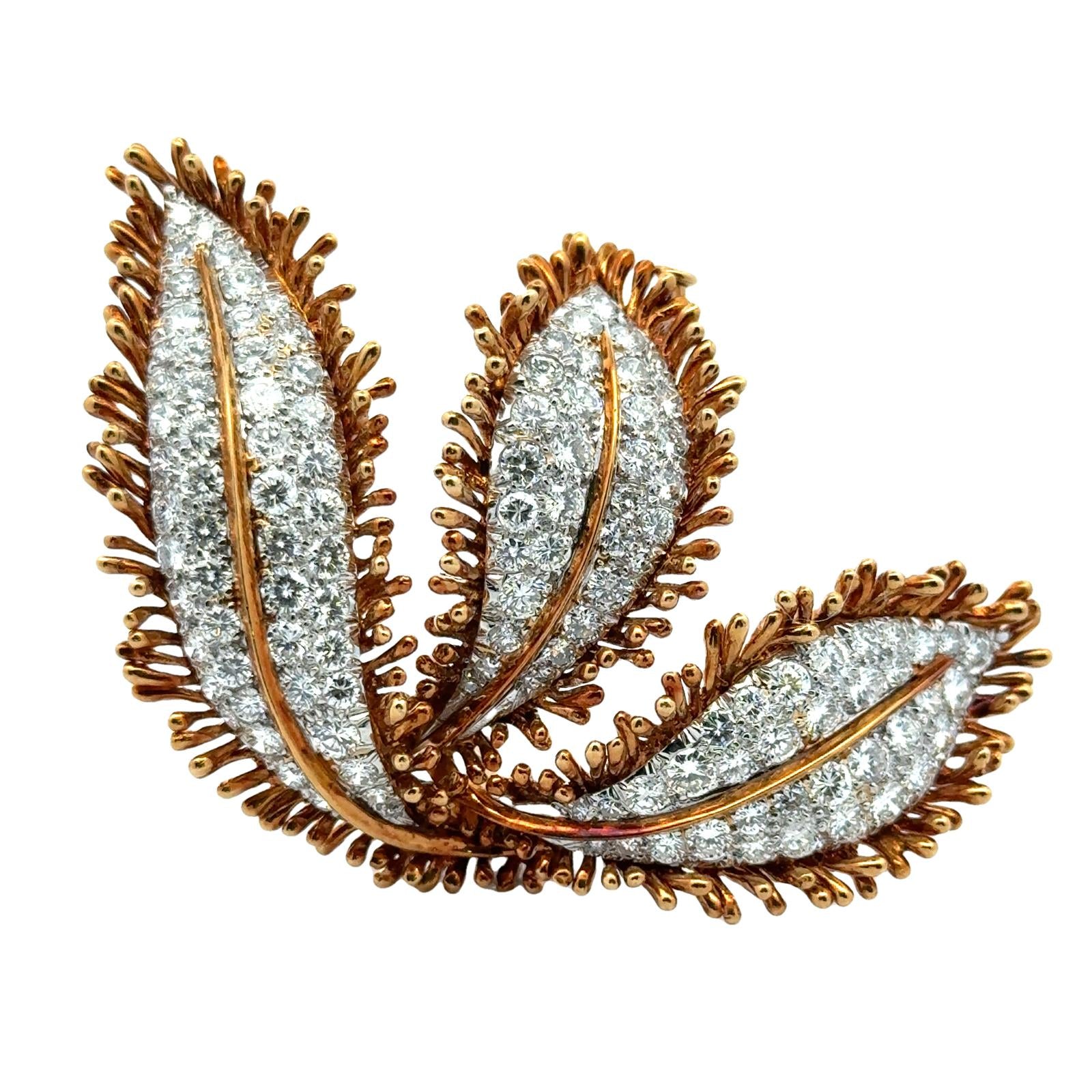 David Webb Diamond 18 Karat Yellow Gold Platinum Vintage Leaf Brooch