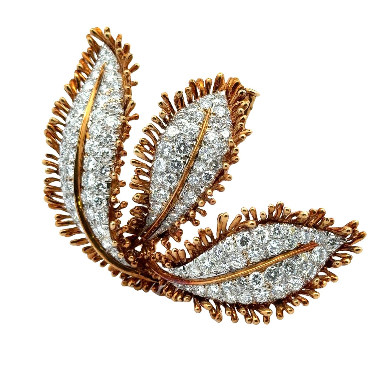 David Webb Diamond 18 Karat Yellow Gold Platinum Vintage Leaf Brooch