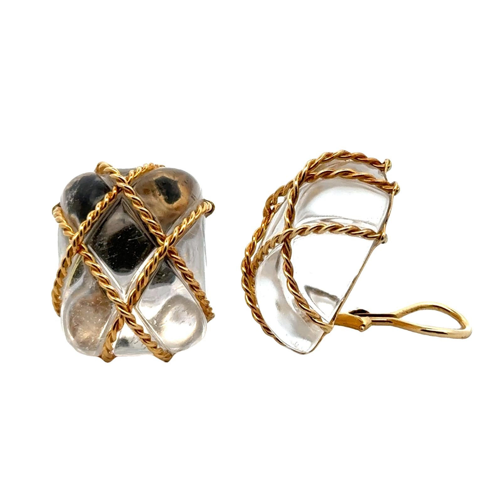 Seaman Schepps Rock Crystal 18 Karat Yellow Gold Braided Earclip Earrings