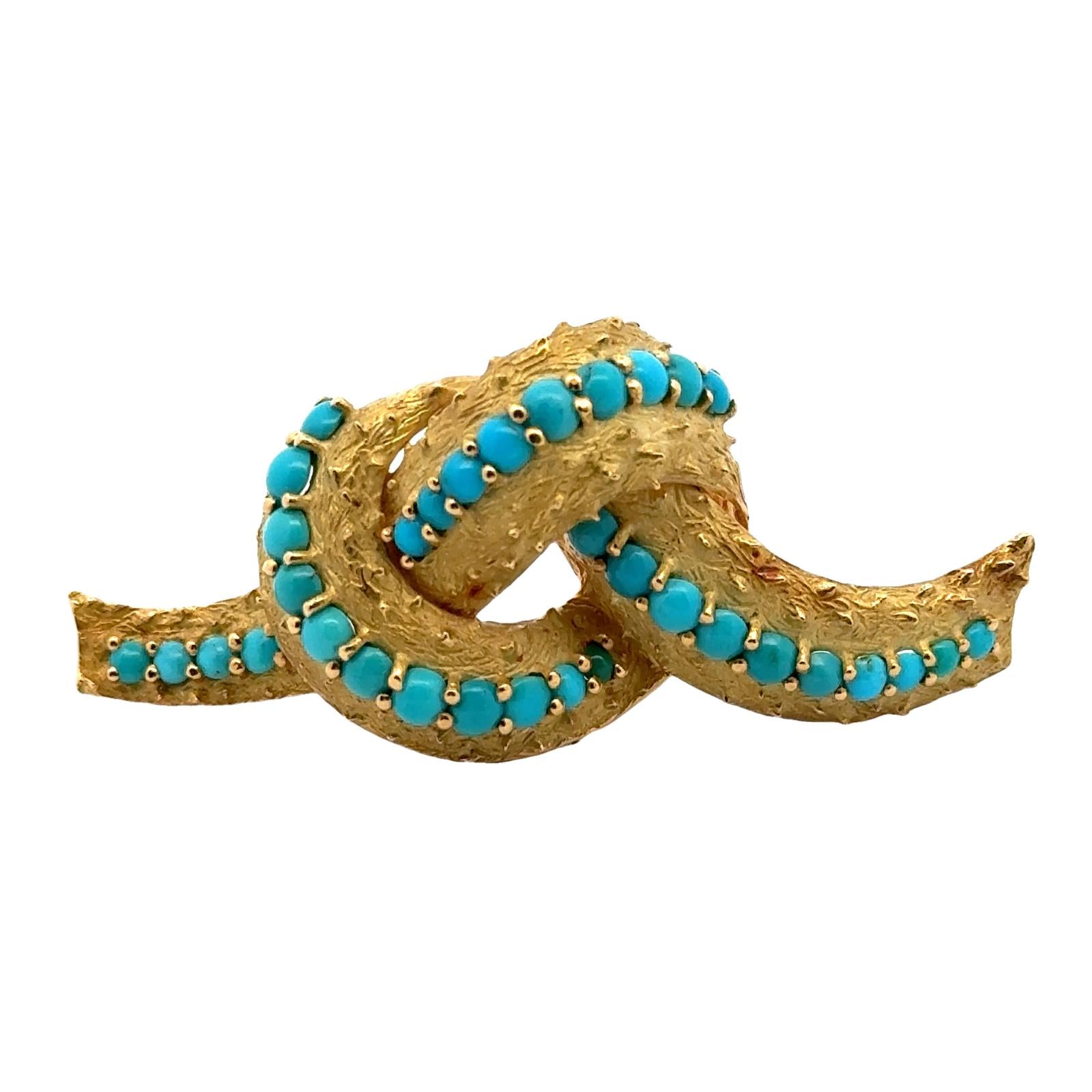 Cartier Turquoise 18 Karat Yellow Textured Gold Vintage Knot Brooch