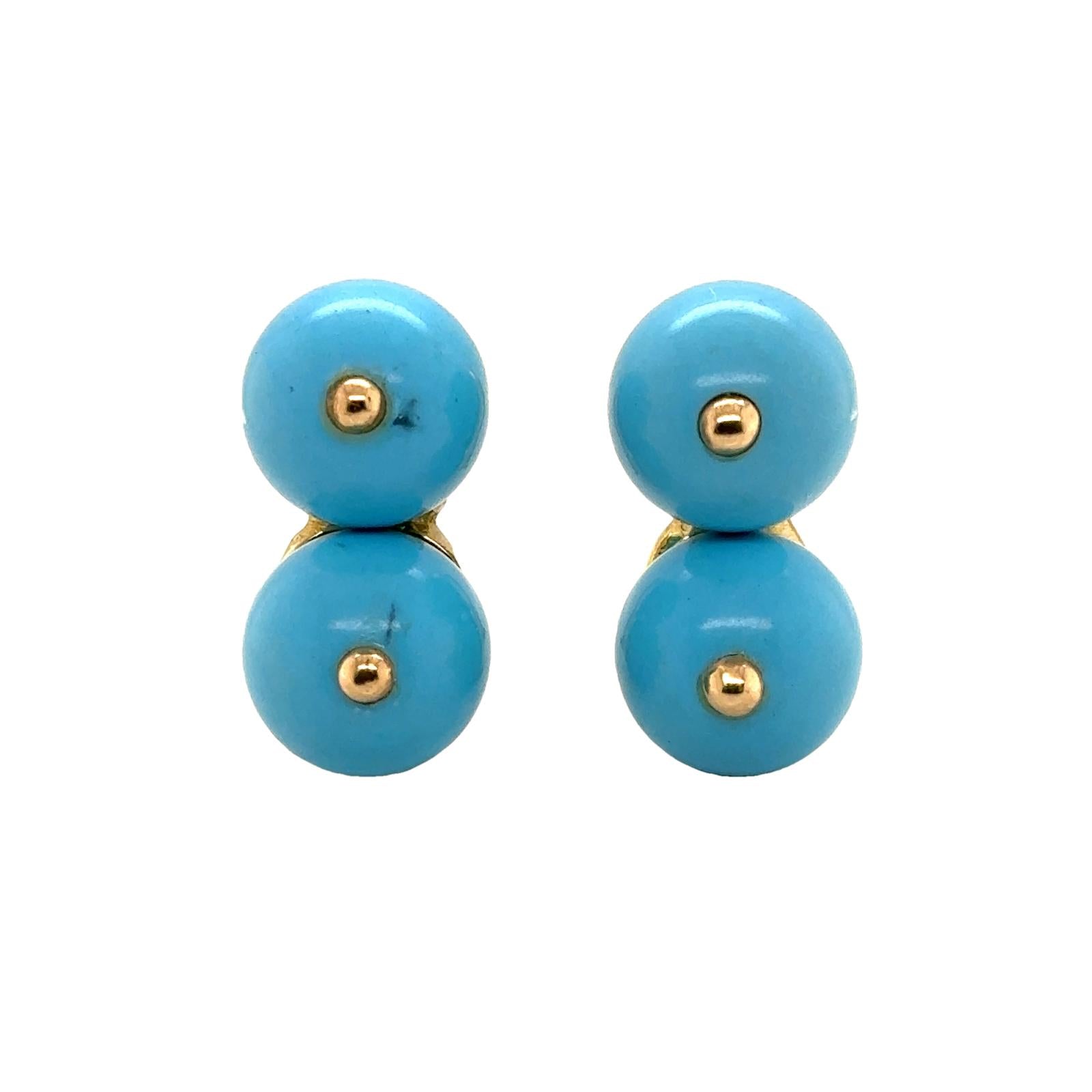 1960's Double Turquoise 18 Karat Yellow Gold Ear-Clip Earrings
