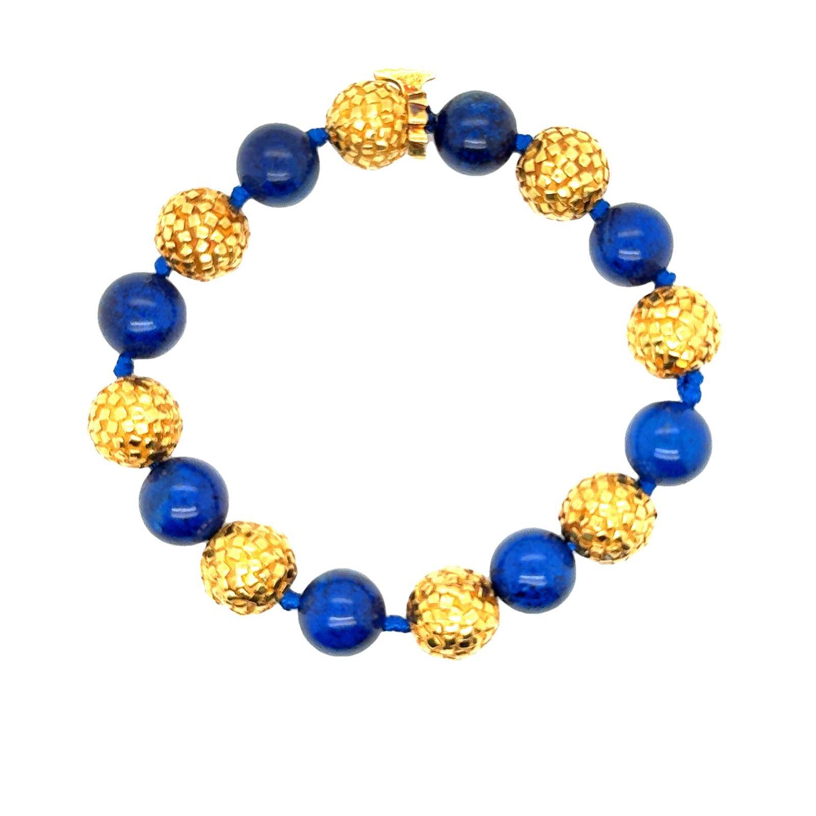 Lapis Lazuli Bead 18 Karat Yellow Textured Gold Ball Bracelet