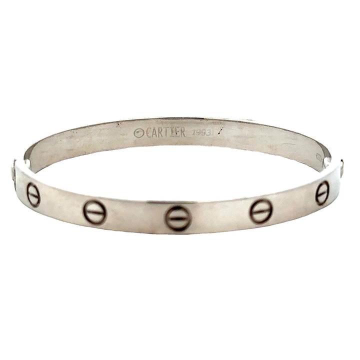 Cartier Love 18 Karat White Gold Bangle Bracelet. Size 17 Includes Papers