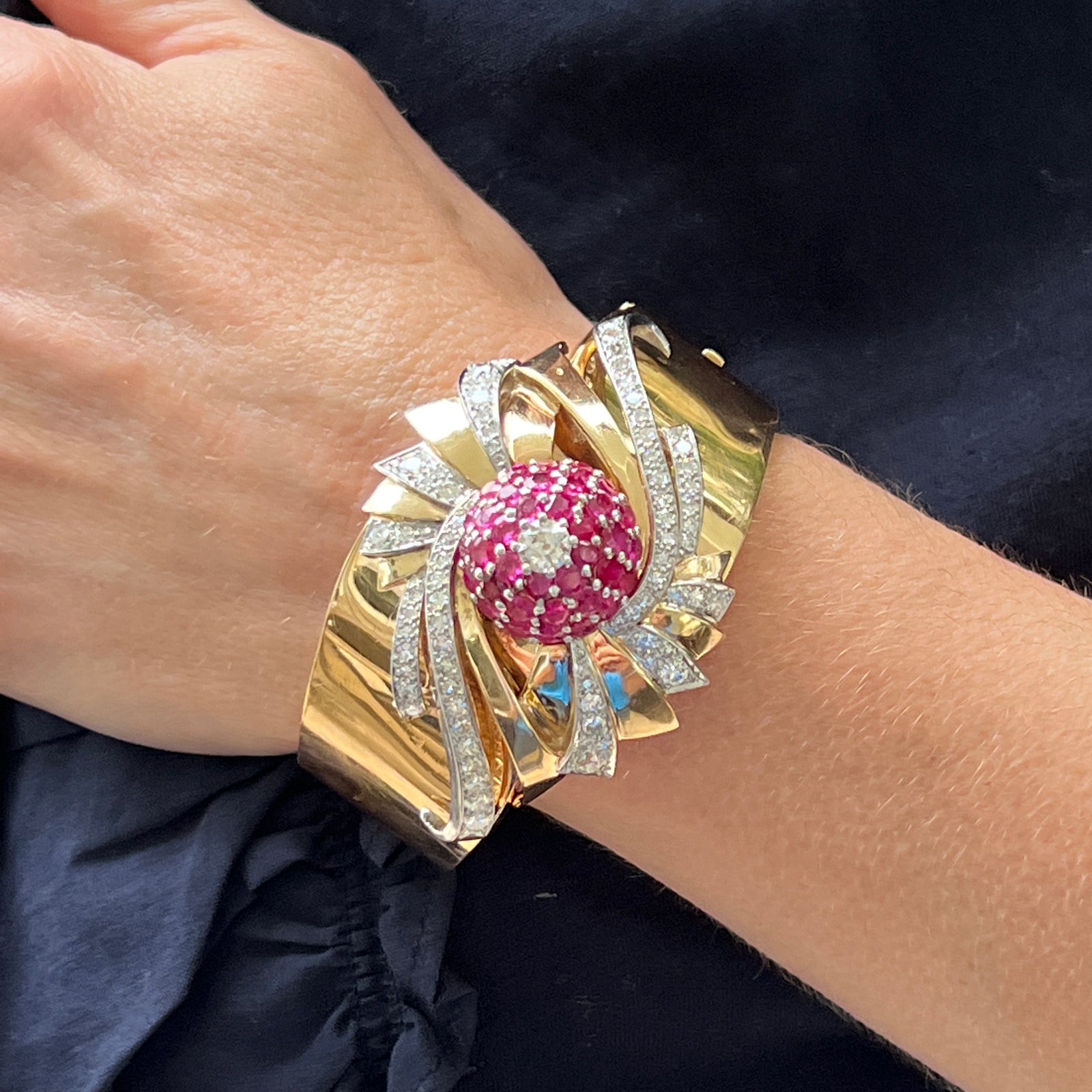 Retro Diamond Ruby Rose Gold Hinged Bangle Bracelet – Bardys Estate Jewelry
