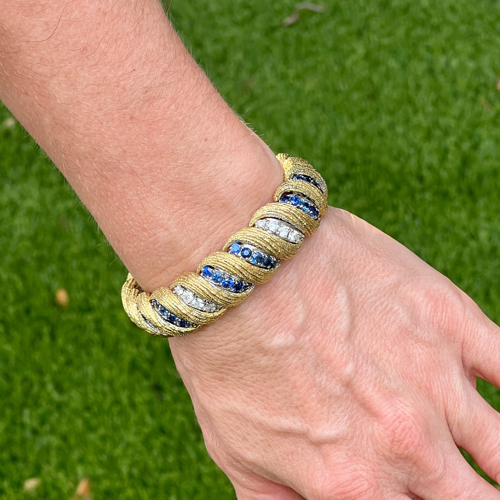 1960's Hammerman Brothers Diamond Sapphire 18 Karat Yellow Gold Bracelet