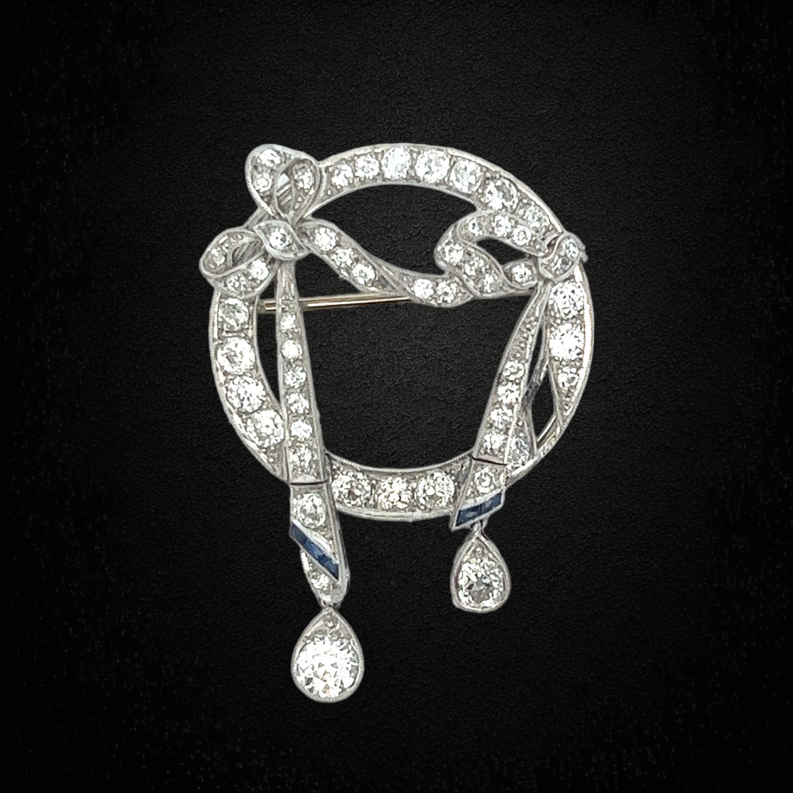 Art Deco Diamond Sapphire Platinum Bow Design Drop Brooch
