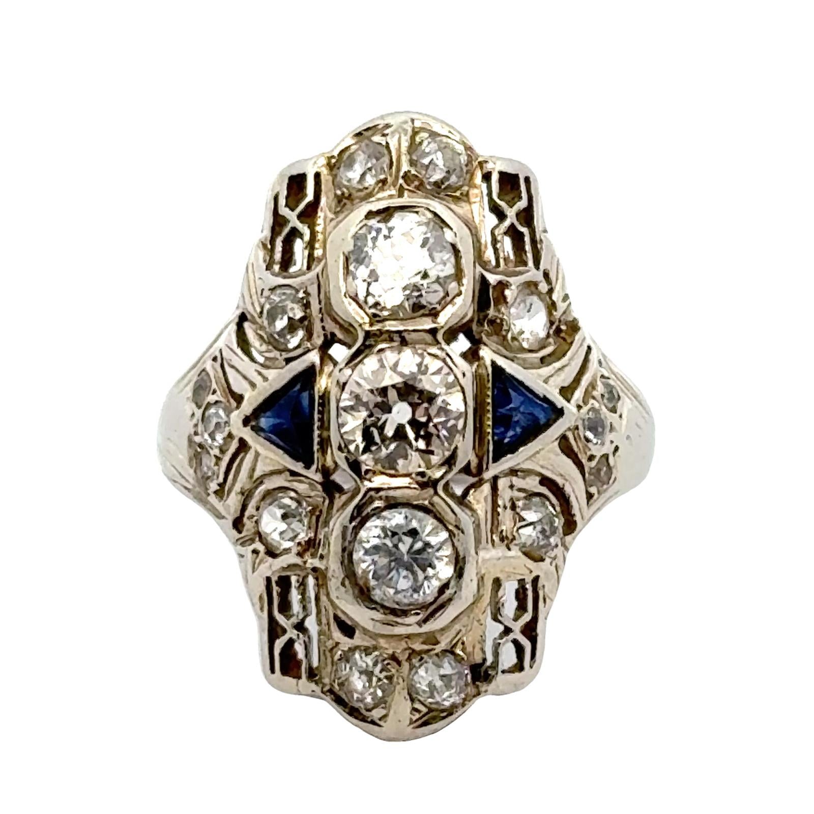 Art Deco Old European Cut Diamond 18 Karat White Gold Elongated Cocktail Ring