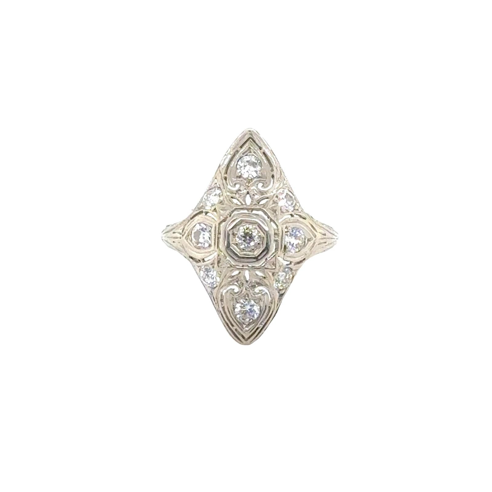Art Deco Old European Cut Diamond 18 Karat White Gold Cocktail Ring
