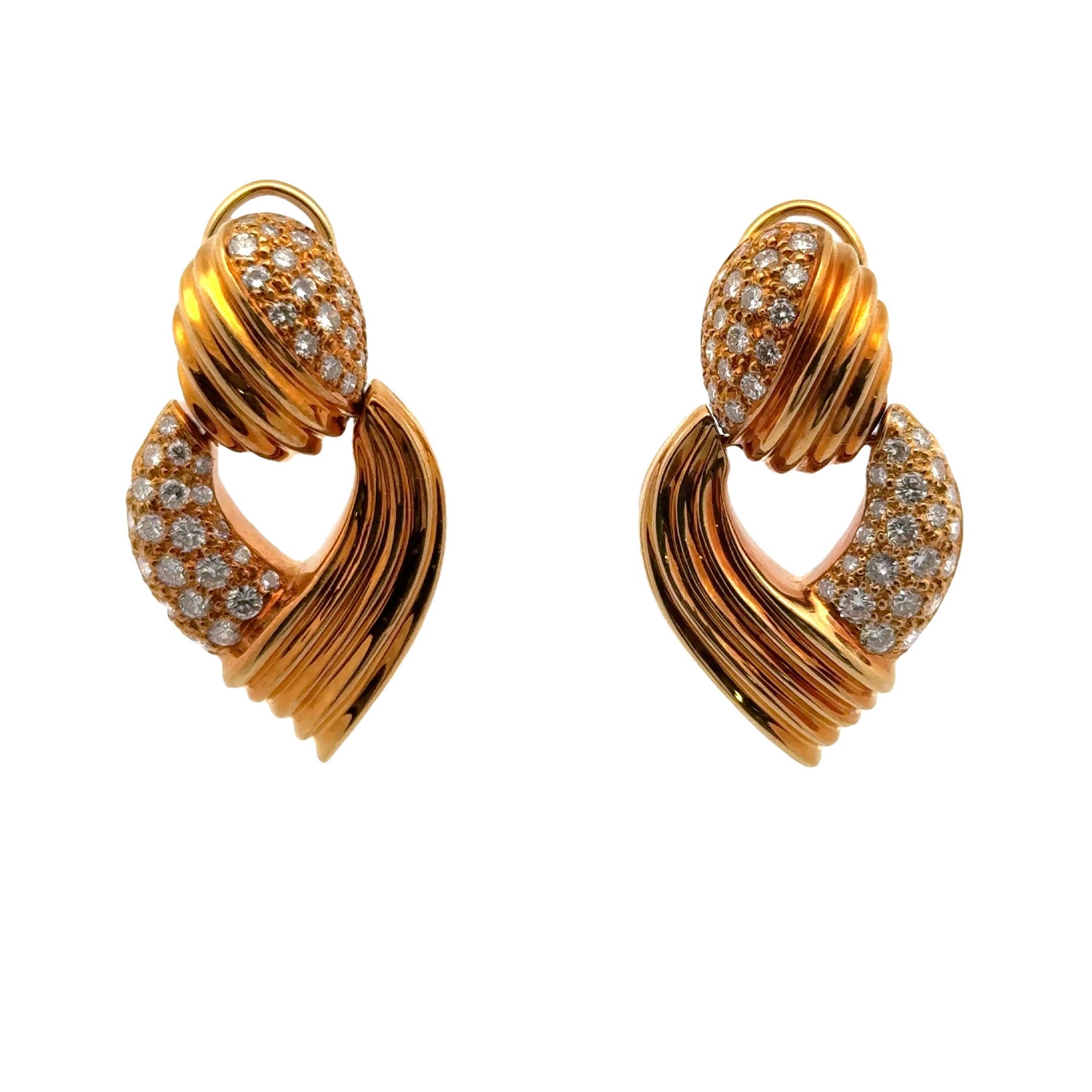 1960's Diamond 18 Karat Yellow Gold Door Knocker Leverback Vintage Earrings