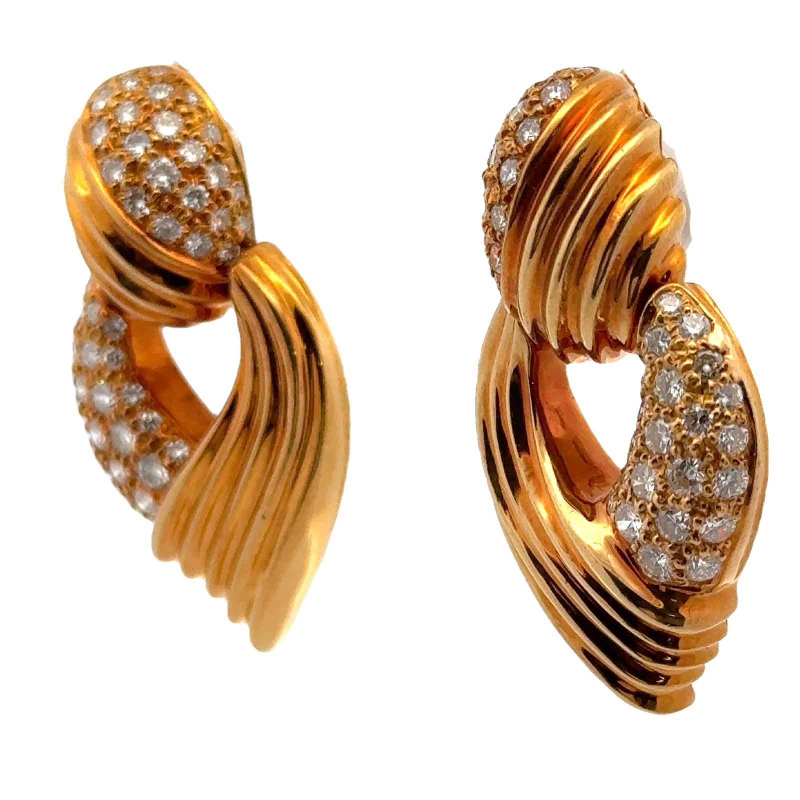 1960's Diamond 18 Karat Yellow Gold Door Knocker Leverback Vintage Earrings