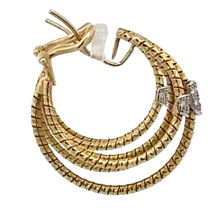 Diamond Three Row 18 Karat Yellow Gold Hoop Leverback Earrings