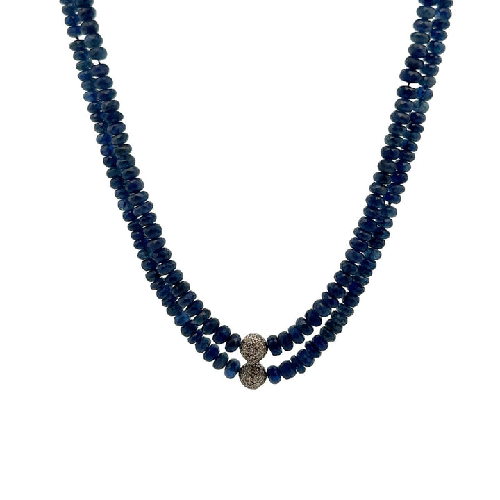 Sapphire Bead Diamond Station Two Row 14 Karat White Gold 16 Inch Necklace