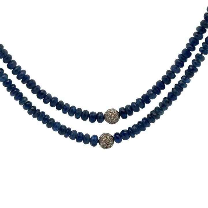 Sapphire Bead Diamond Station Two Row 14 Karat White Gold 16 Inch Necklace