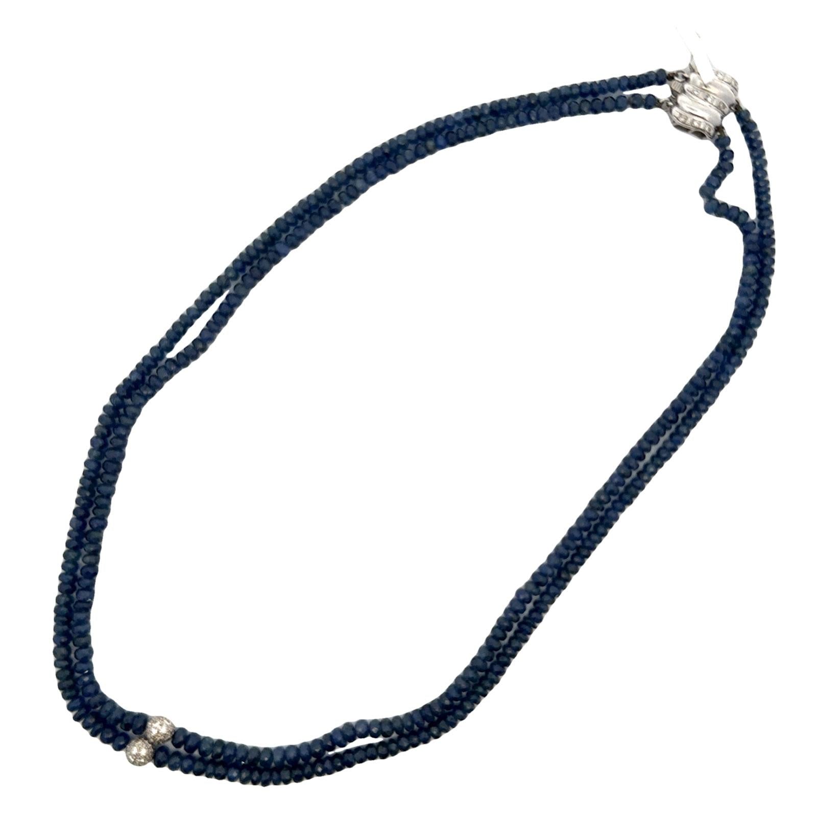 Sapphire Bead Diamond Station Two Row 14 Karat White Gold 16 Inch Necklace