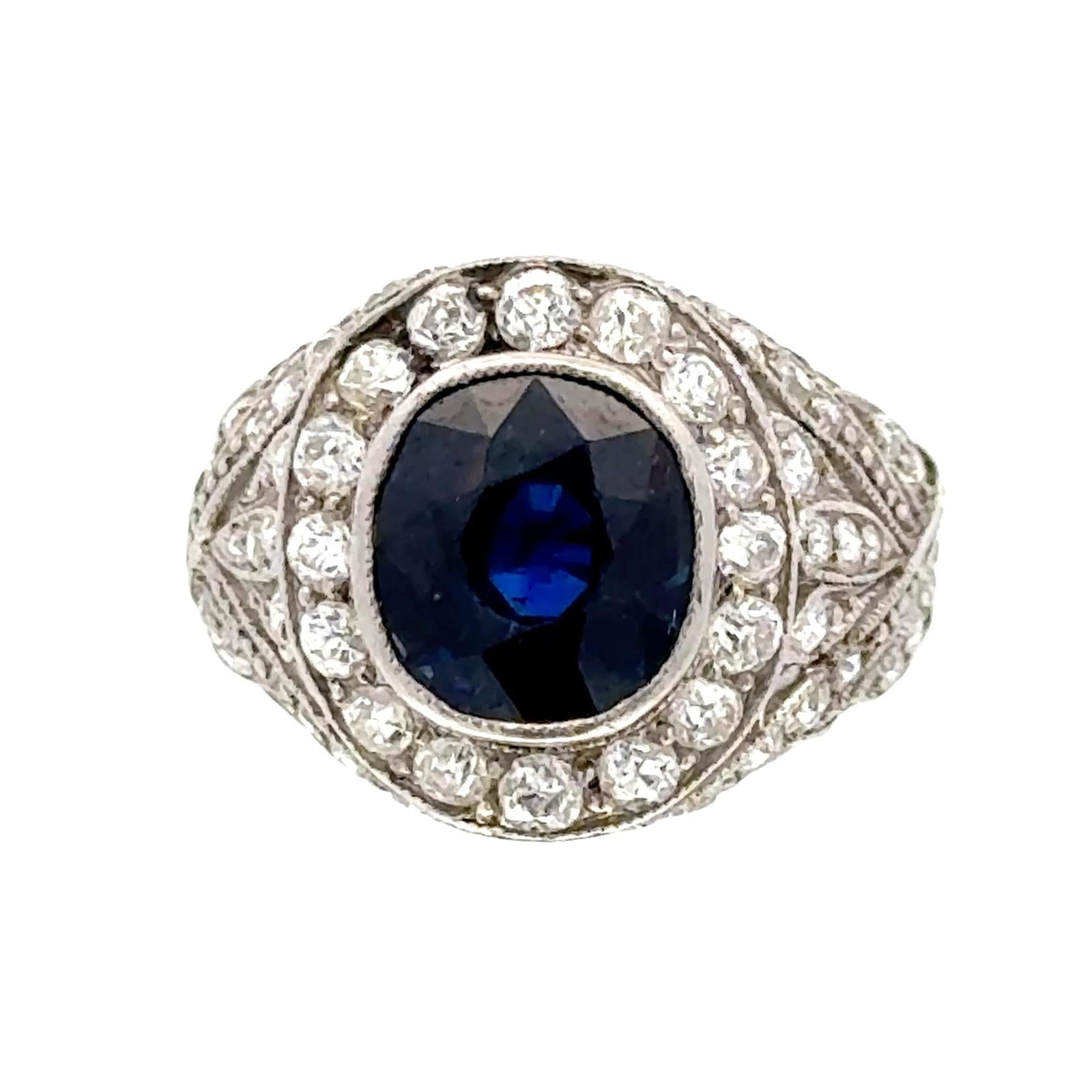 Art Deco Diamond Cushion Cut Natural Blue Sapphire Platinum Cocktail Ring