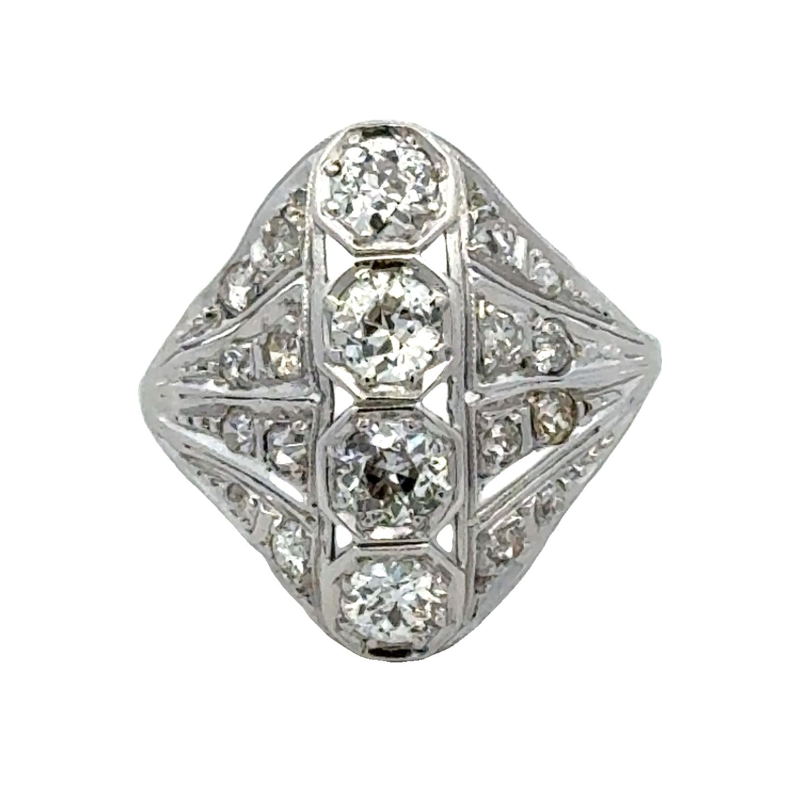 Early 20th Century Old European Cut Diamond Platinum Vintage Cocktail Ring