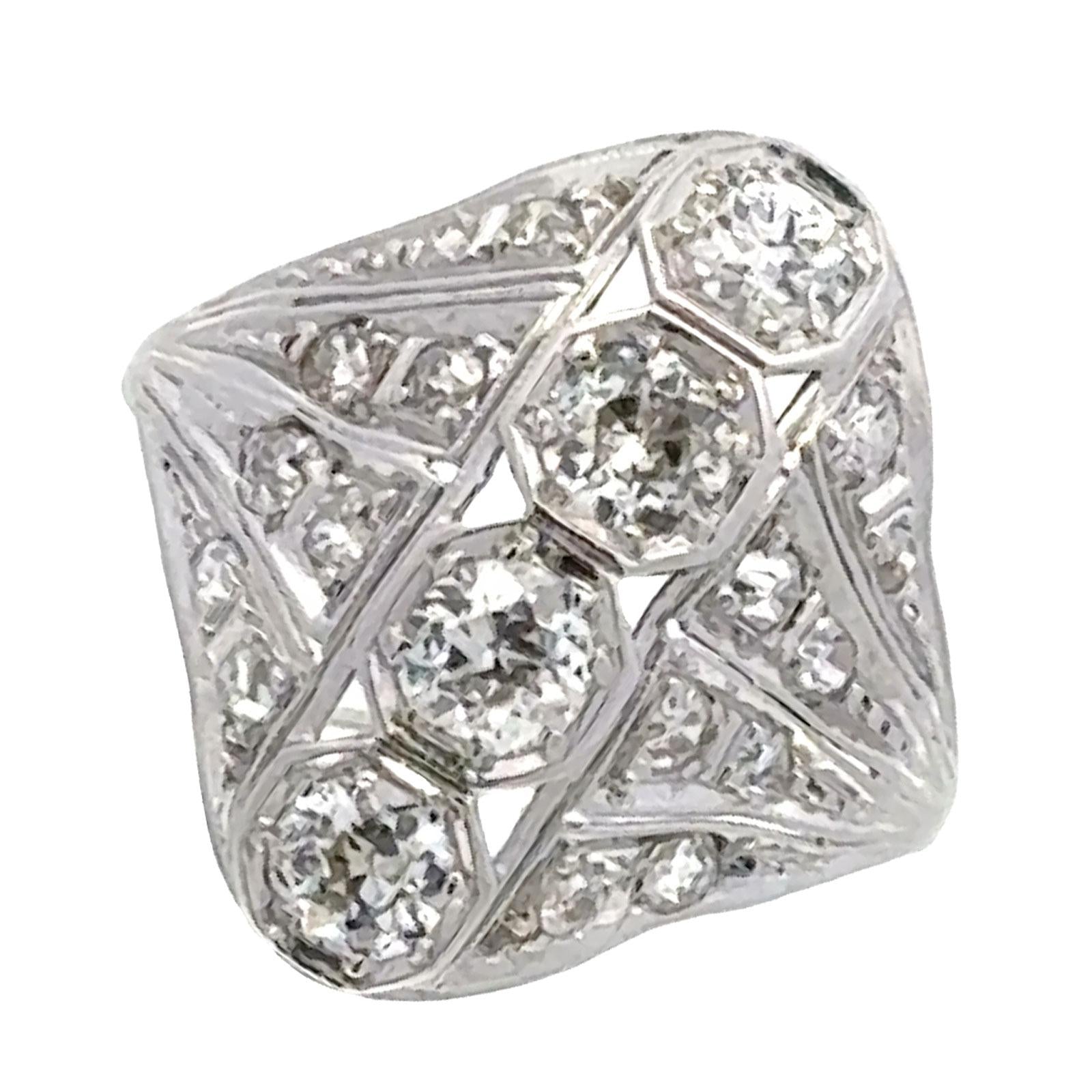 Early 20th Century Old European Cut Diamond Platinum Vintage Cocktail Ring